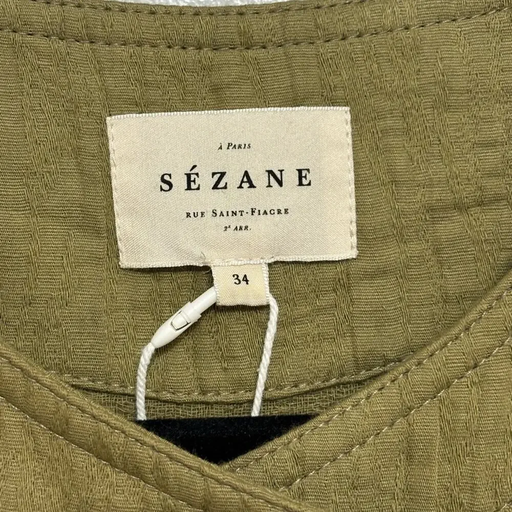 NWT Sezane Quilted Linen Cotton Hailey Jumpsuit in Olive Khaki - Size 34 (US 2)